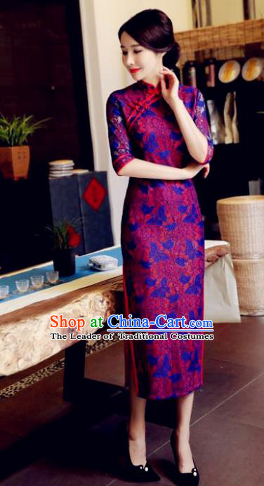Chinese National Costume Tang Suit Printing Purple Retro Qipao Dress Traditional Republic of China Cheongsam for Women