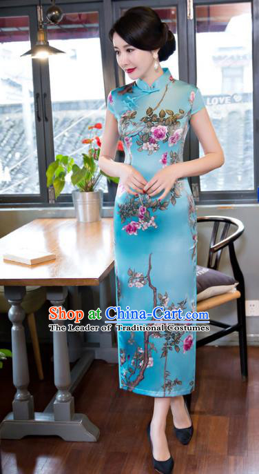 Chinese National Costume Retro Printing Blue Qipao Dress Traditional Republic of China Tang Suit Cheongsam for Women