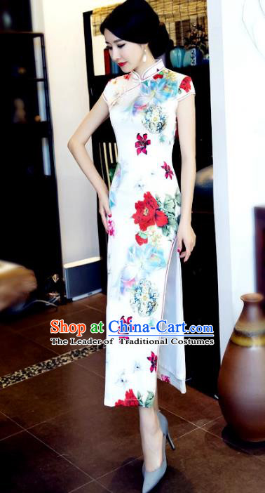 Chinese National Costume Retro Printing Peony White Silk Qipao Dress Traditional Republic of China Tang Suit Cheongsam for Women