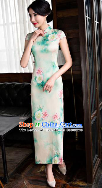 Chinese National Costume Retro Printing Light Green Silk Qipao Dress Traditional Republic of China Tang Suit Cheongsam for Women