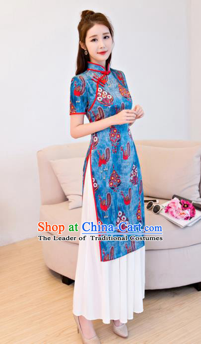 Chinese National Costume Retro Printing Blue Qipao Dress Traditional Republic of China Tang Suit Cheongsam for Women