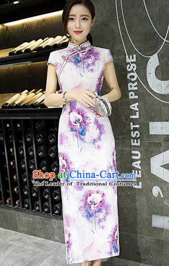 Chinese Top Grade Retro Printing Lily Flowers Purple Silk Qipao Dress Traditional Republic of China Tang Suit Cheongsam for Women