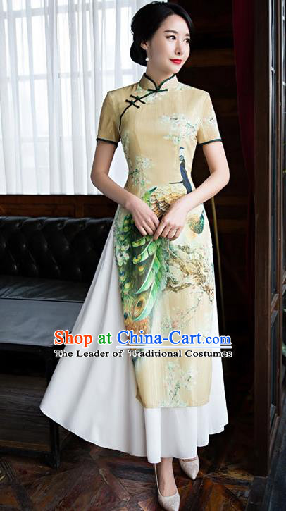 Chinese Top Grade Retro Printing Peacock Yellow Qipao Dress Traditional Republic of China Tang Suit Cheongsam for Women