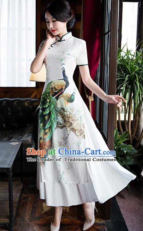 Chinese Top Grade Retro Printing Peacock White Qipao Dress Traditional Republic of China Tang Suit Cheongsam for Women