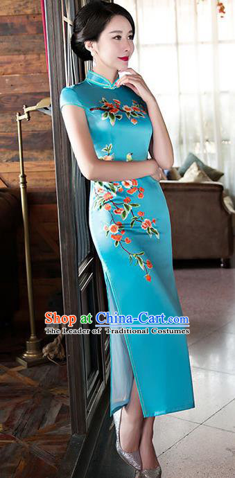 Chinese Top Grade Elegant Qipao Dress Traditional Republic of China Tang Suit Blue Silk Cheongsam for Women