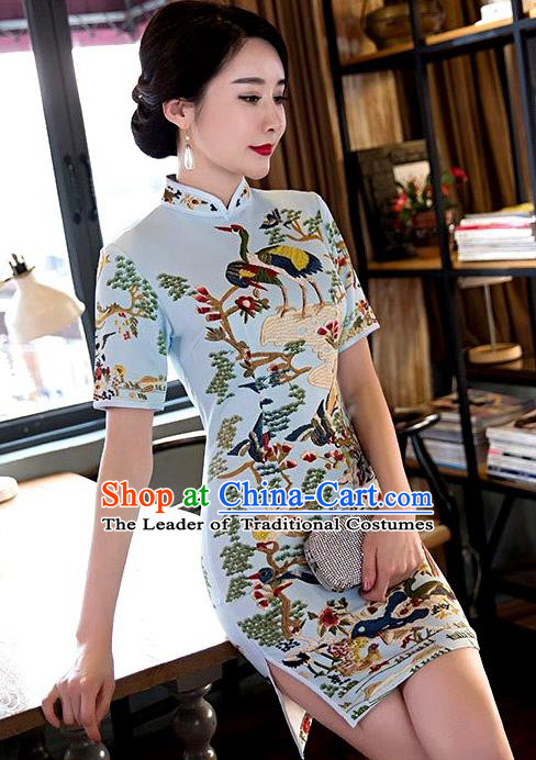 Chinese Top Grade Elegant Printing Crane Qipao Dress Traditional Republic of China Tang Suit Blue Cheongsam for Women