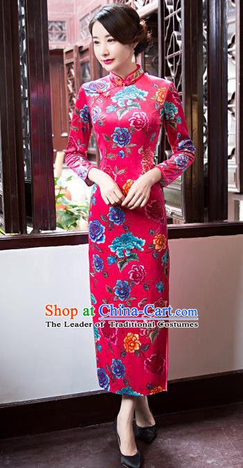 Top Grade Chinese Elegant Rosy Cheongsam Traditional China Tang Suit Printing Peony Qipao Dress for Women