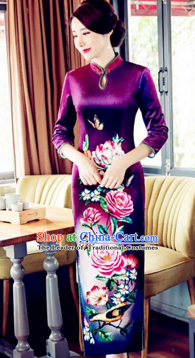 Top Grade Chinese Elegant Printing Purple Cheongsam Traditional China Tang Suit Qipao Dress for Women