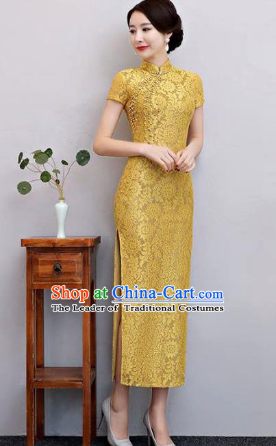 Top Grade Chinese Elegant Yellow Lace Cheongsam Traditional China Tang Suit Qipao Dress for Women