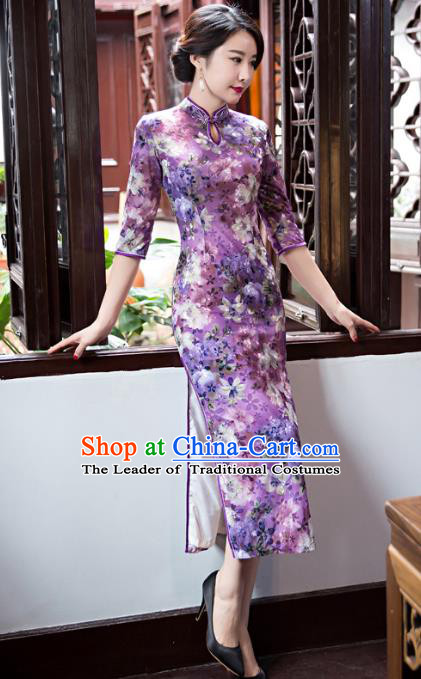 Top Grade Chinese Elegant Purple Velvet Cheongsam Traditional China Tang Suit Qipao Dress for Women