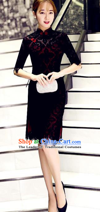Top Grade Chinese Elegant Black Lace Tassel Cheongsam Traditional China Tang Suit Qipao Dress for Women