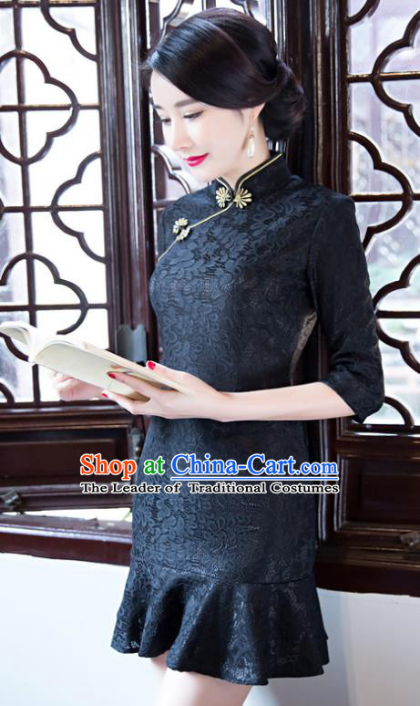 Top Grade Chinese Elegant Black Lace Short Cheongsam Traditional China Tang Suit Qipao Dress for Women