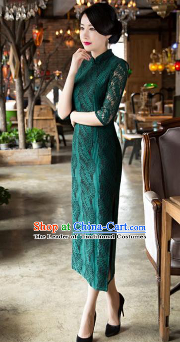 Top Grade Chinese Elegant Cheongsam Traditional China Green Lace Tang Suit Qipao Dress for Women