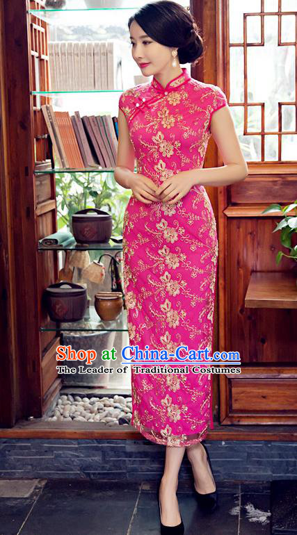 Chinese Top Grade Elegant Embroidered Cheongsam Traditional Republic of China Tang Suit Rosy Qipao Dress for Women
