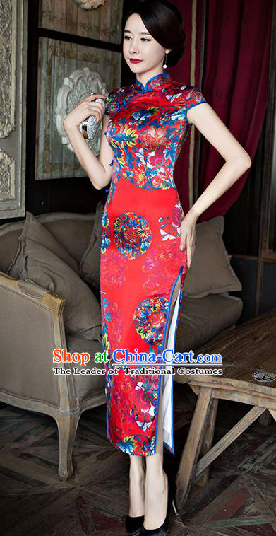 Traditional Top Grade Chinese Elegant Printing Cheongsam China Tang Suit Red Qipao Dress for Women