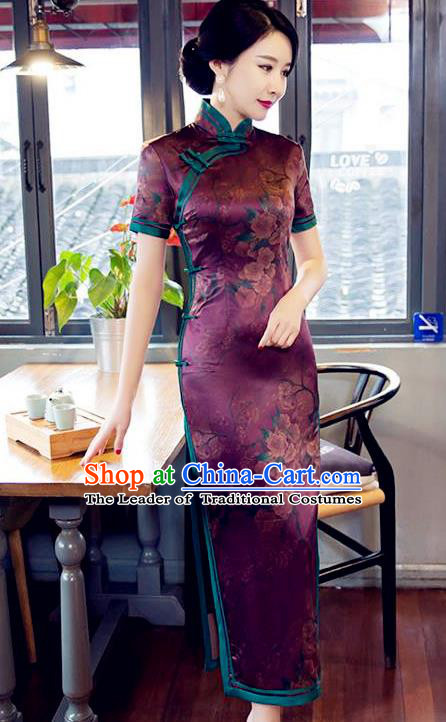 Traditional Top Grade Chinese Elegant Printing Purple Silk Cheongsam China Tang Suit Qipao Dress for Women