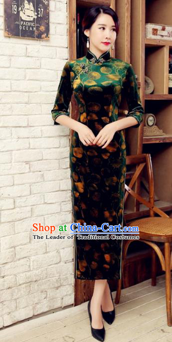 Traditional Chinese Elegant Printing Green Velvet Cheongsam China Tang Suit Qipao Dress for Women