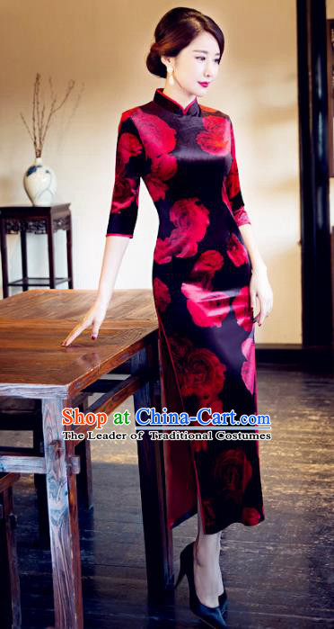 Traditional Chinese Elegant Printing Rose Black Cheongsam China Tang Suit Qipao Dress for Women