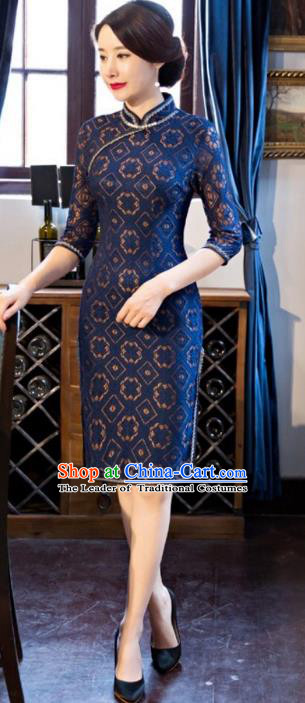 Traditional Chinese Elegant Cheongsam China Tang Suit Navy Lace Qipao Dress for Women