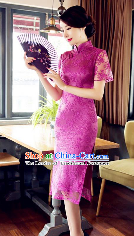 Chinese Traditional Costume Elegant Embroidered Pink Cheongsam China Tang Suit Qipao Dress for Women
