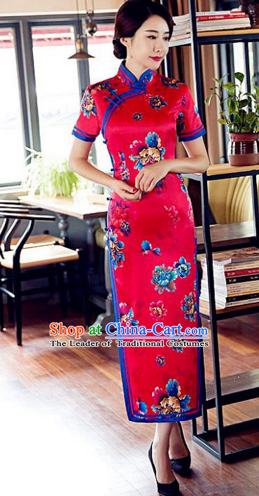 Chinese Traditional Costume Elegant Cheongsam China Tang Suit Printing Red Satin Qipao Dress for Women