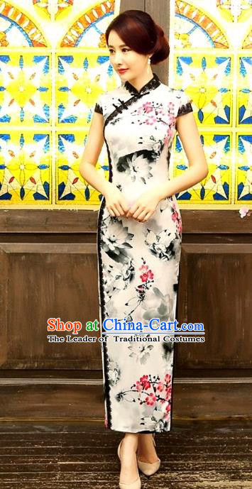 Chinese Traditional Costume Ink Painting Lotus Cheongsam China Tang Suit Silk Qipao Dress for Women