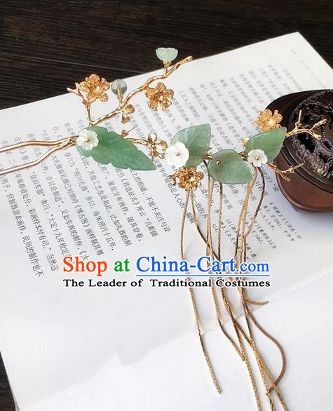 Traditional Handmade Chinese Ancient Classical Hair Accessories Jade Leaf Hairpins Tassel Hair Clips for Women