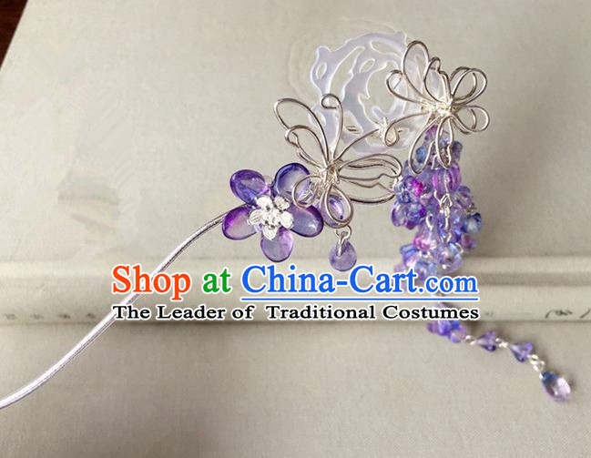 Traditional Handmade Chinese Ancient Classical Hair Accessories Hairpins Purple Flowers Butterfly Hair Clip for Women