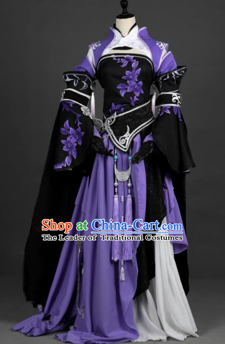 Chinese Ancient Heroine Costume Cosplay Female Knight-errant Swordswoman Purple Dress Hanfu Clothing for Women