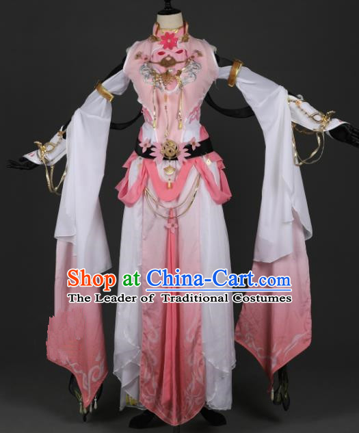 Chinese Ancient Knight-errant Heroine Costume Cosplay Swordswoman Pink Dress Hanfu Clothing for Women
