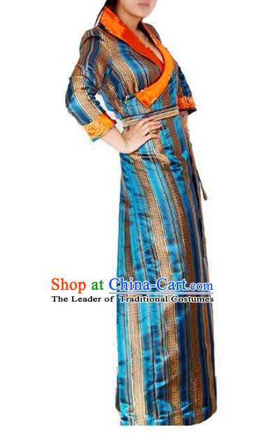 Chinese Traditional Zang Nationality Blue Dress, China Tibetan Ethnic Heishui Dance Costume for Women