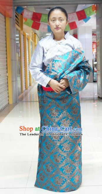 Chinese Zang Nationality Blue Brocade Tibetan Robe, China Traditional Tibetan Ethnic Heishui Dance Costume for Women