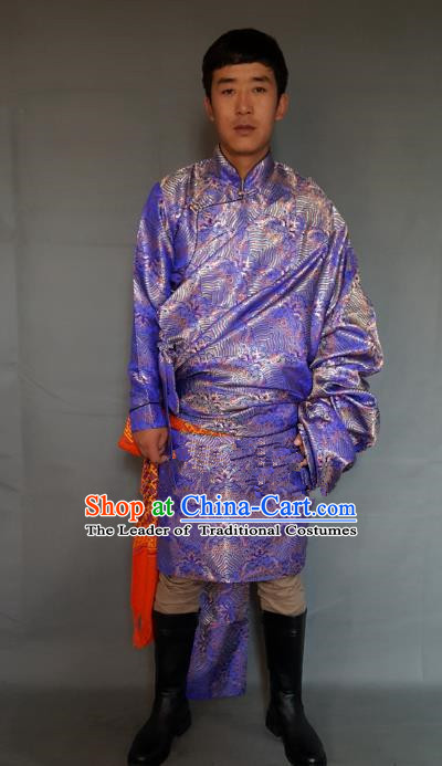 Chinese Traditional Zang Nationality Purple Tibetan Robe, China Tibetan Ethnic Heishui Dance Costume for Men
