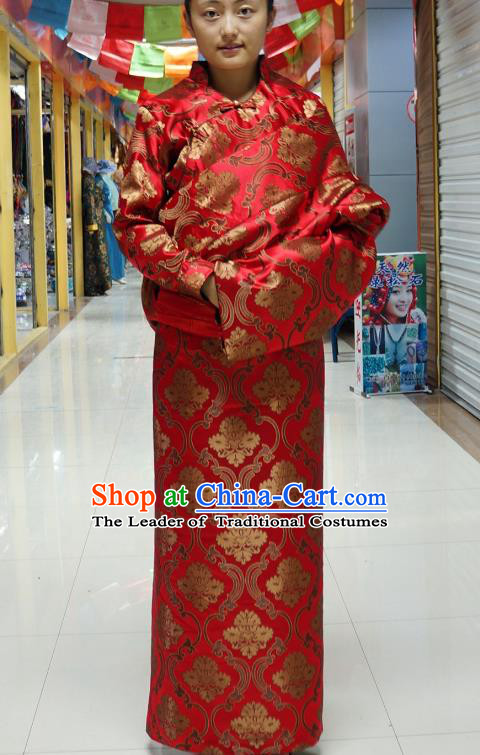 Chinese Zang Nationality Red Satin Tibetan Robe, China Traditional Tibetan Ethnic Heishui Dance Costume for Women