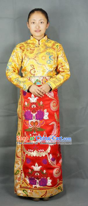 Chinese Zang Nationality Red Brocade Tibetan Bust Skirt, China Traditional Tibetan Ethnic Heishui Dance Costume for Women