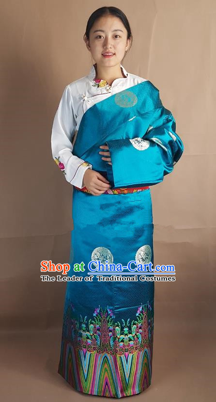 Chinese Zang Nationality Folk Dance Peacock Blue Brocade Tibetan Robe, China Traditional Tibetan Ethnic Costume for Women