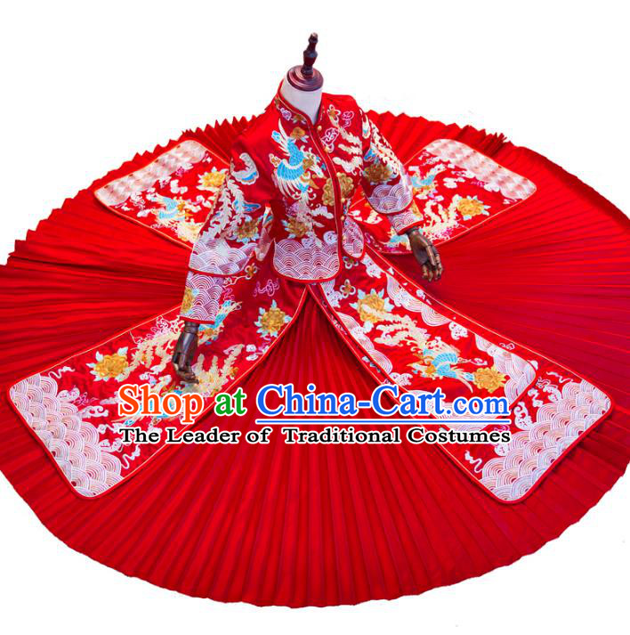 Chinese Traditional Wedding Toast Costume Ancient Bride Embroidered Phoenix Xiuhe Suit Red Full Dress for Women