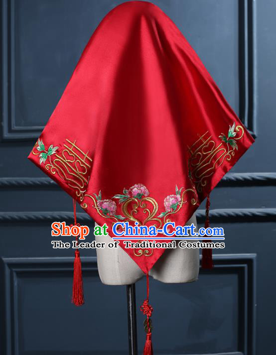 Chinese Traditional Handmade Wedding Embroidered Peony Red Bridal Veil Xiuhe Suit Hair Accessories for Women