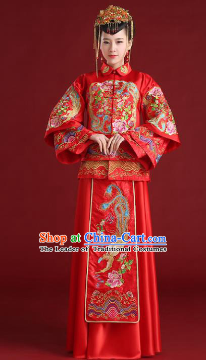 Chinese Traditional Wedding Embroidered Bottom Drawer Ancient Bride Xiuhe Suit Red Cheongsam for Women