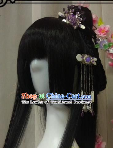 Chinese Traditional Handmade Princess Wig and Hair Accessories Ancient Hairpins Complete Set for Women