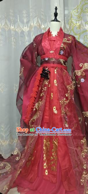 Chinese Ancient Princess Red Costume Cosplay Swordswoman Clothing Han Dynasty Imperial Concubine Hanfu Dress for Women