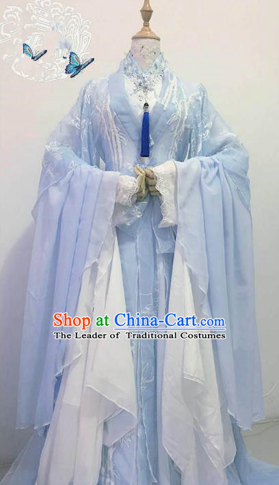 Chinese Ancient Costume Cosplay Imperial Concubine Clothing Han Dynasty Princess Embroidered Blue Hanfu Dress for Women