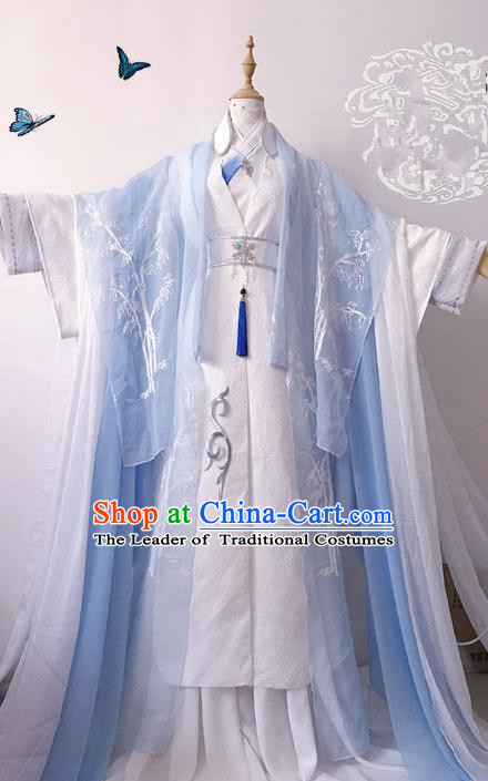 Chinese Ancient Nobility Childe Prince Blue Costume Cosplay Swordsman Embroidered Clothing for Men