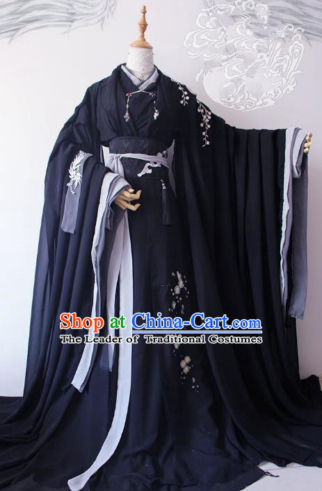 Chinese Ancient Crown Prince Black Costume Cosplay Nobility Childe Swordsman Embroidered Clothing for Men