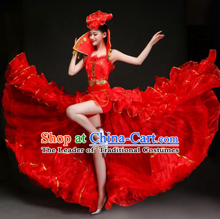 Top Grade Stage Show Costume Chorus Opening Modern Dance Spanish Dance Red Dress and Headpiece for Women