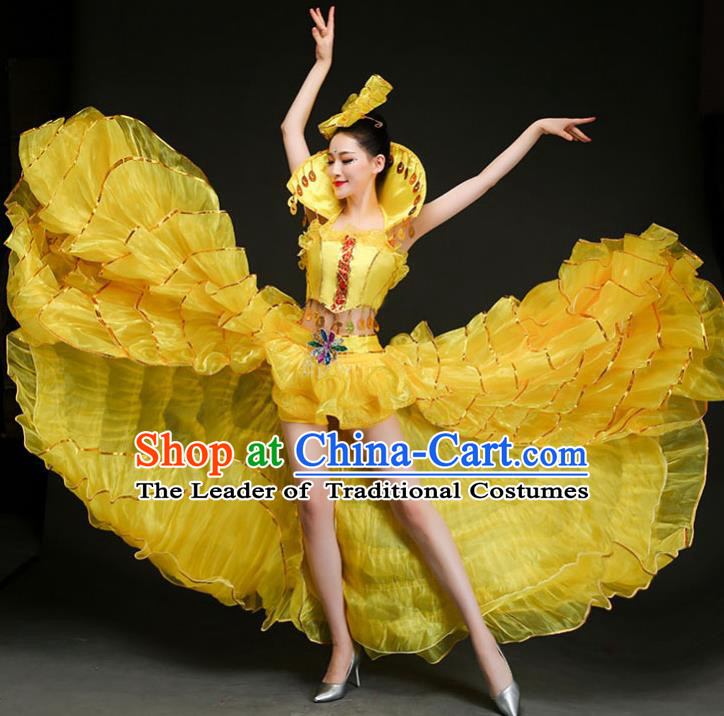 Top Grade Stage Show Costume Chorus Opening Modern Dance Spanish Dance Yellow Dress and Headpiece for Women