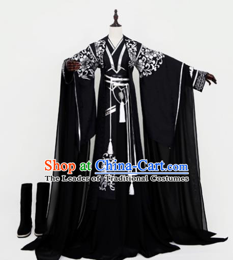 Chinese Ancient Emperor Black Costume Cosplay Nobility Childe Swordsman Embroidered Clothing for Men