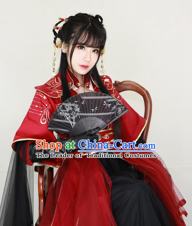 Chinese Ancient Cosplay Swordswoman Costume Ming Dynasty Young Lady Embroidered Red Hanfu Dress for Women