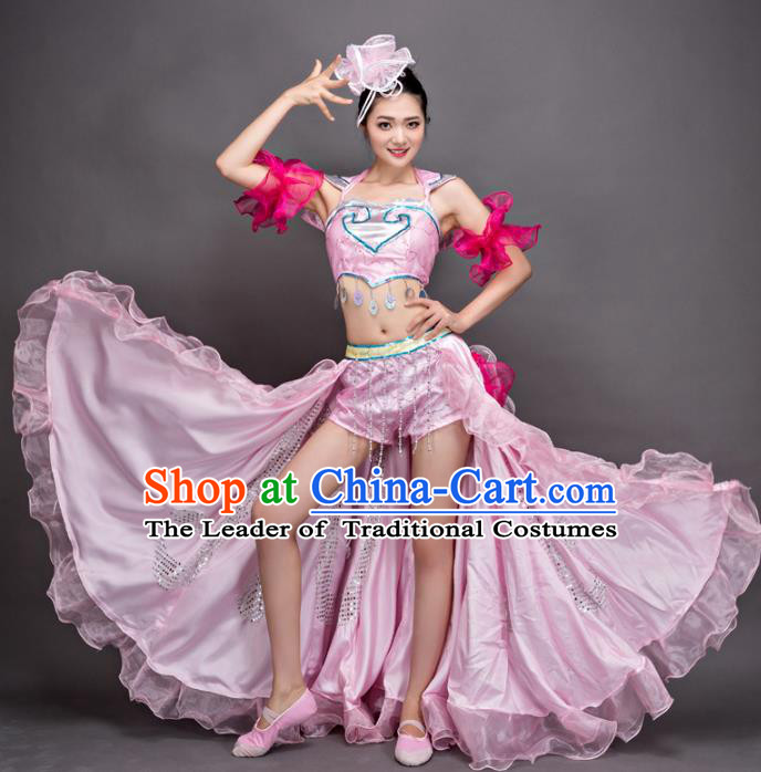 Top Grade Stage Performance Dance Costume Opening Modern Dance Pink Dress and Headpiece for Women