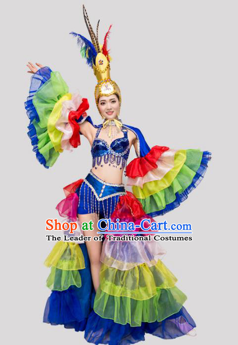 Top Grade Stage Performance Costume Opening Modern Dance Dress and Headpiece for Women